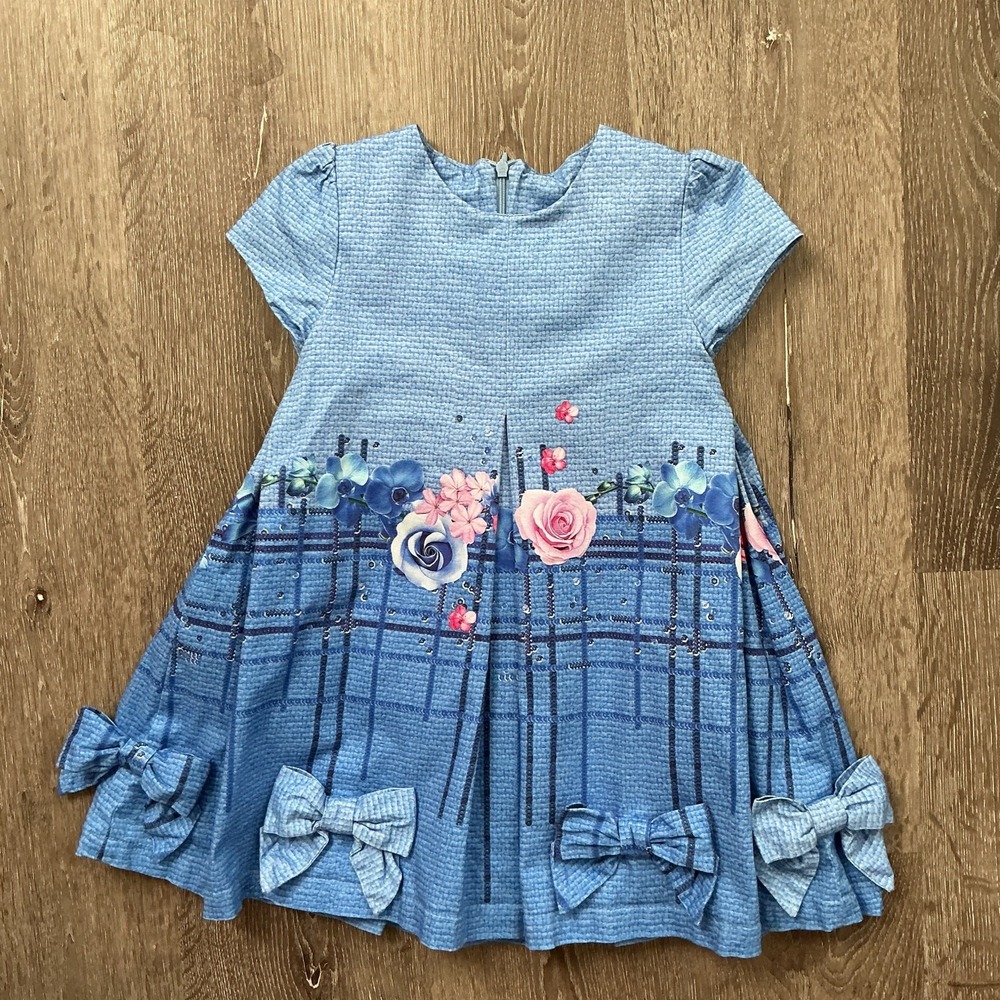Lapin House Luxury Girls‎ Party Dress Blue Plaid Floral Bows  Size 3T
